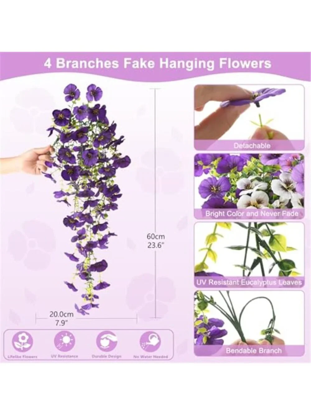 Faux Hanging Pansy Flowers UV Resistant Outdoor Planter Porch Patio 4 Pack